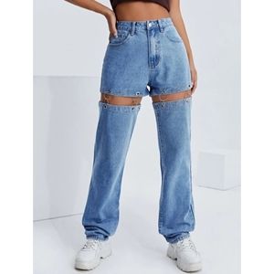 SHEIN Ring Chain Cutout Jeans - Blue